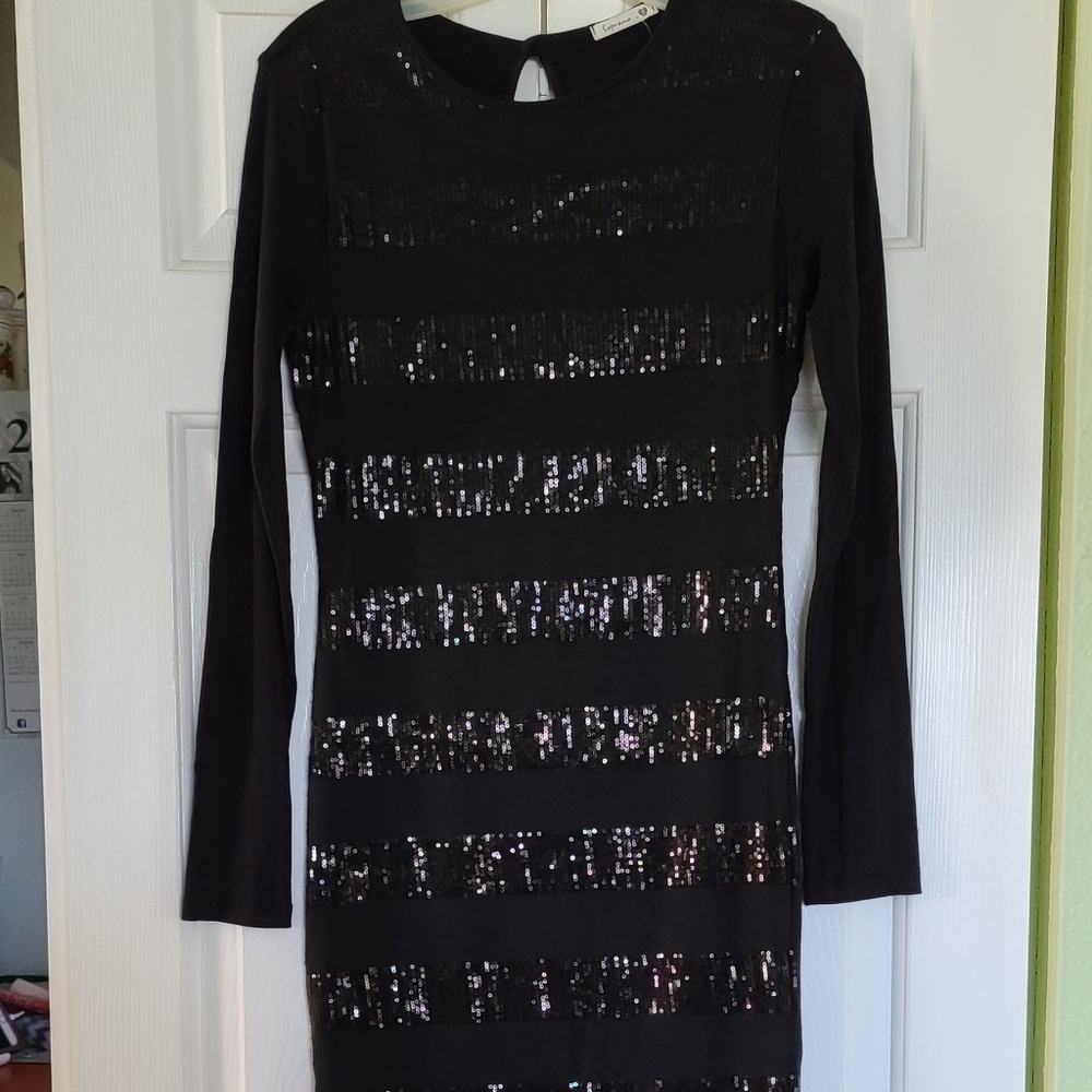 Stretch Jersey & Sequin Stripe Little Black Dress